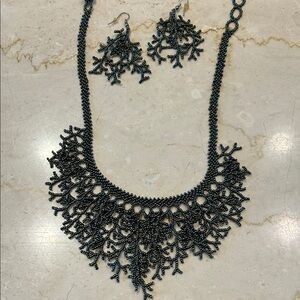 Beaded Coral Lace look Necklace & Earrings Set - Green , blue multi colored.